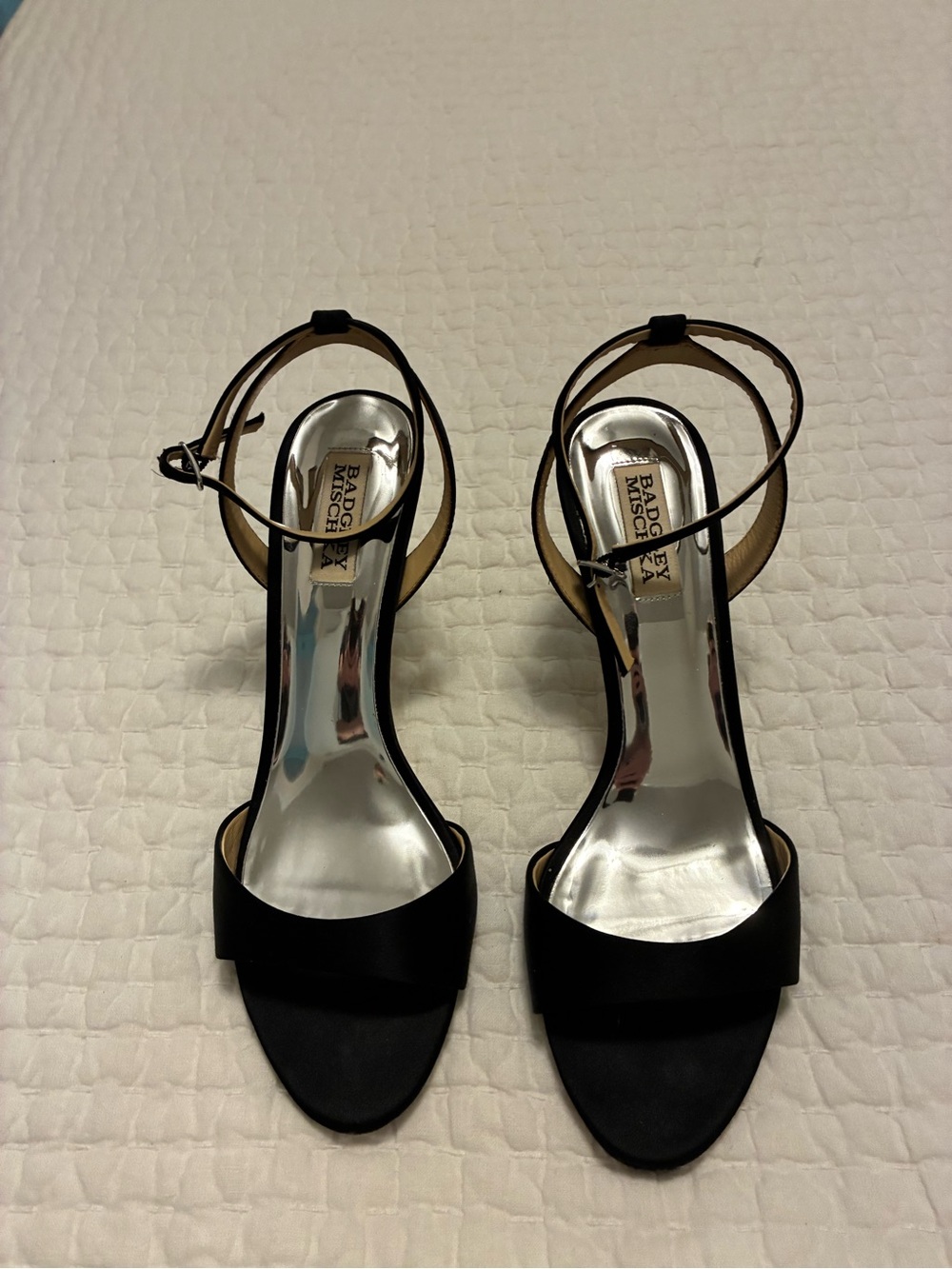 Badgley Mischka Black Satin Open-Toe Ankle-Strap Heels